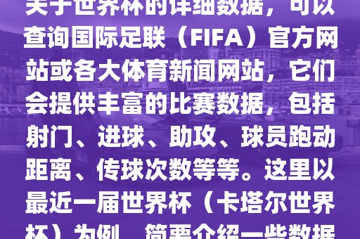 关于世界杯的详细数据，可以查询国际足联（FIFA）官方网站或各大体育新闻网站，它们会提供丰富的比赛数据，包括射门、进球、助攻、球员跑动距离、传球次数等等。这里以最近一届世界杯（卡塔尔世界杯）为例，简要介绍一些数据