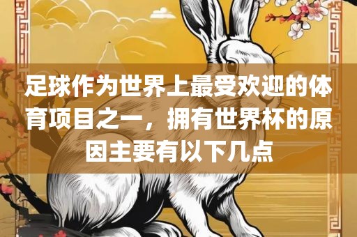 足球作为世界上最受欢迎的体育项目之一，拥有世界杯的原因主要有以下几点