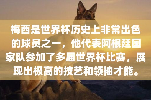 梅西是世界杯历史上非常出色的球员之一，他代表阿根廷国家队参加了多届世界杯比赛，展现出极高的技艺和领袖才能。