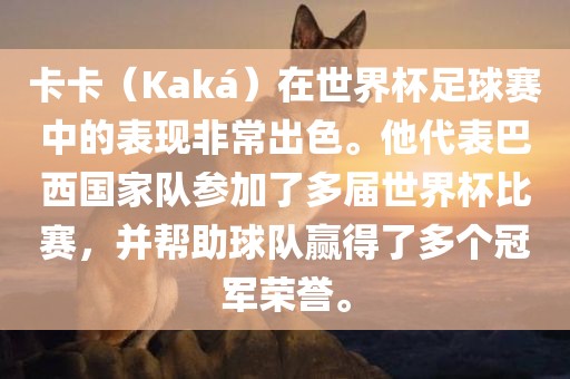 卡卡（Kaká）在世界杯足球赛中的表现非常出色。他代表巴西国家队参加了多届世界杯比赛，并帮助球队赢得了多个冠军荣誉。