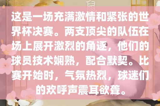 这是一场充满激情和紧张的世界杯决赛。两支顶尖的队伍在场上展开激烈的角逐，他们的球员技术娴熟，配合默契。比赛开始时，气氛热烈，球迷们的欢呼声震耳欲聋。