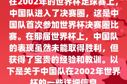 在2002年的世界杯足球赛上，中国队进入了决赛圈，这是中国队首次参加世界杯决赛圈比赛。在那届世界杯上，中国队的表现虽然未能取得胜利，但获得了宝贵的经验和教训。以下是关于中国队在2002年世界杯的一些详细信息