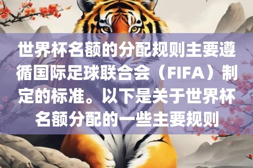世界杯名额的分配规则主要遵循国际足球联合会（FIFA）制定的标准。以下是关于世界杯名额分配的一些主要规则