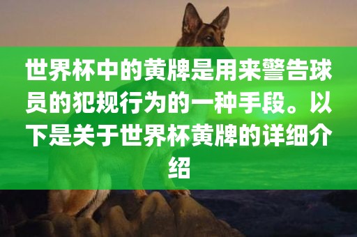 世界杯中的黄牌是用来洛阳市法福文化传播有限公司警告球员的犯规行为的一种手段。以下是关于世界杯黄牌的详细介绍