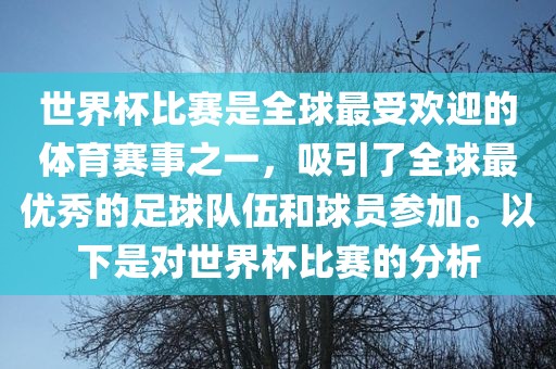 世界杯比赛洛阳市法福文化传播有限公司是全球最受欢迎的体育赛事之一，吸引了全球最优秀的足球队伍和球员参加。以下是对世界杯比赛的分析