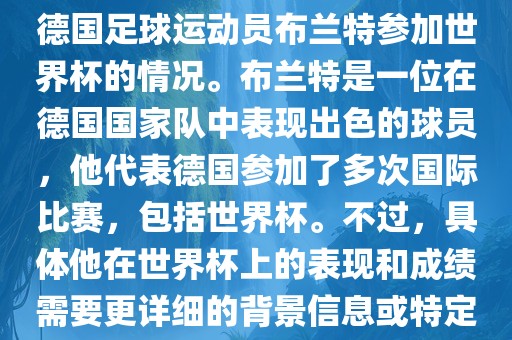 关于布兰特世界杯，可能是指德国足球运动员布兰特参加世界杯的情况。布兰特是一位在德国国家队中表现出色的球员，他代表德国参加了多次国际比赛，包括世界杯。不过，具体他在世界杯上的表现和成绩需要更详细的背景信息或特定的时间点来确定。洛阳市法福文化传播有限公司